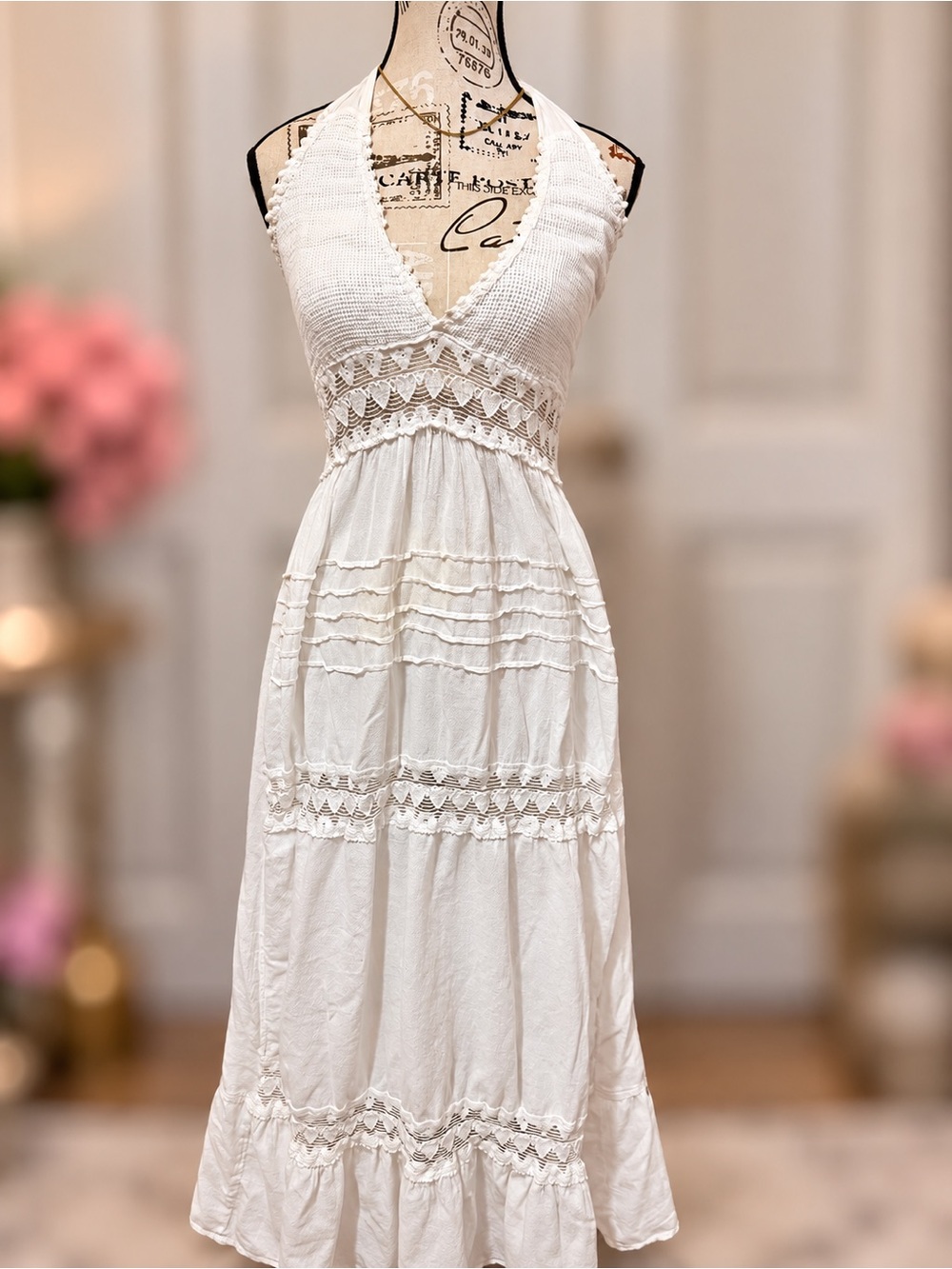 Crochet Halter Maxi Dress in White